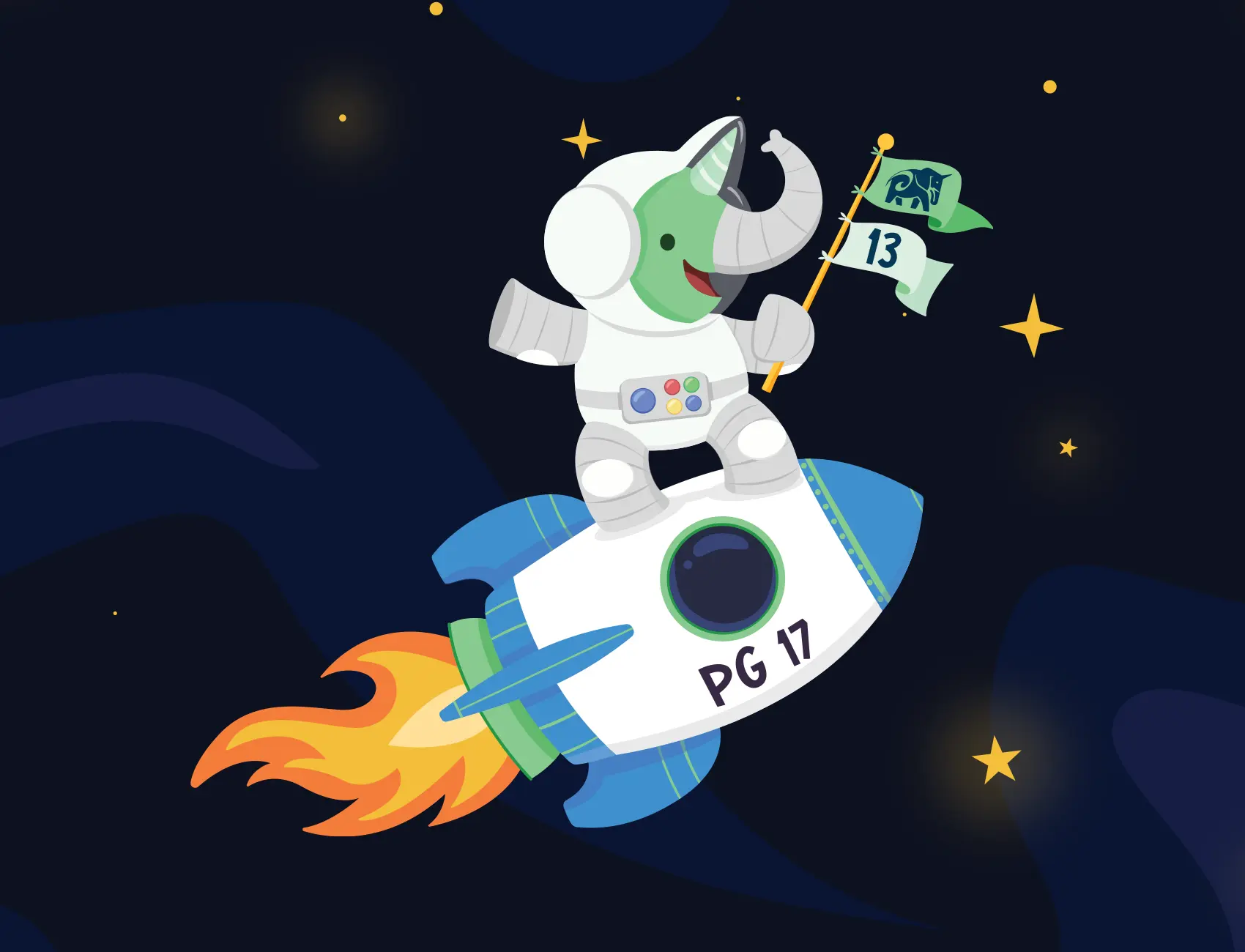 Eli, the Citus elephant mascot, in a white astronaut suit riding a PG 17 rocket through a navy starfield, holding a green Citus flag and a pennant reading 13.