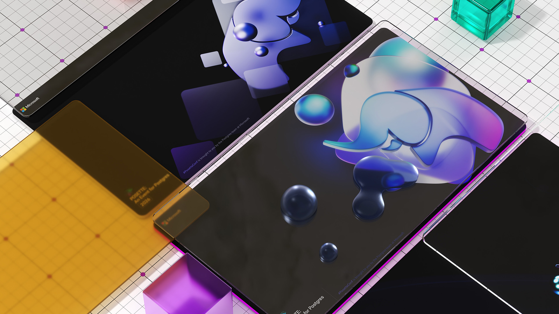 POSETTE 2026 identity applied across devices — the conference artwork rendered on tablets and screens.