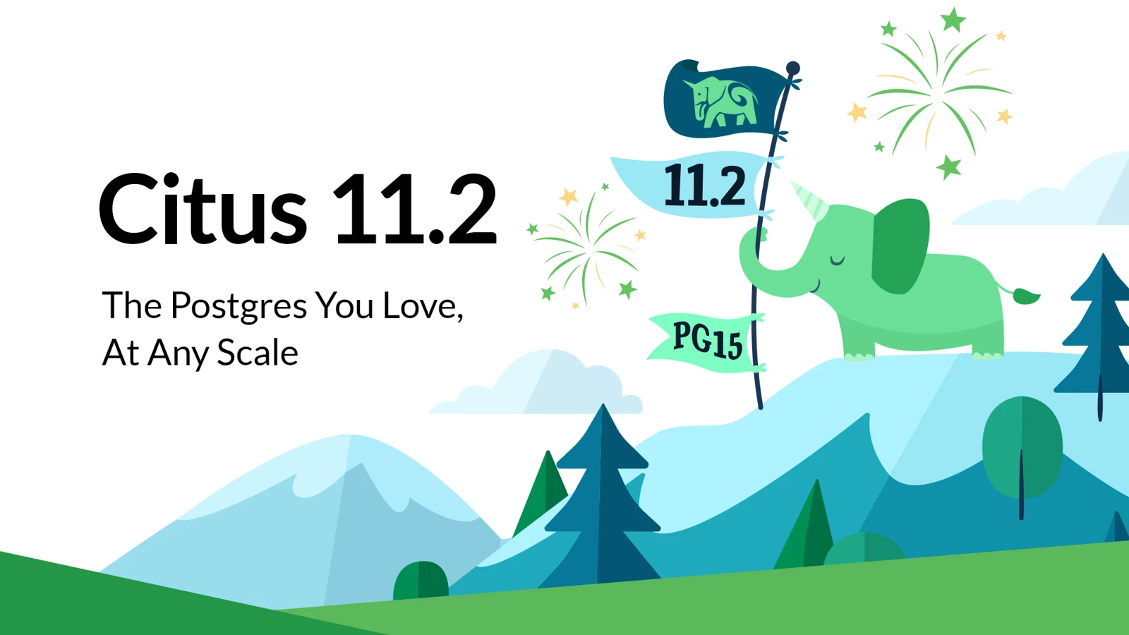 Citus 11.2 mountain landscape with Citus and PG15 flags