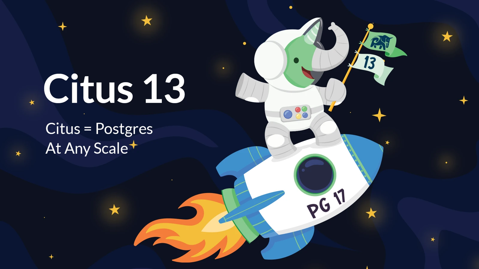 Finished Citus 13 launch artwork with astronaut Eli riding a PG17 rocket