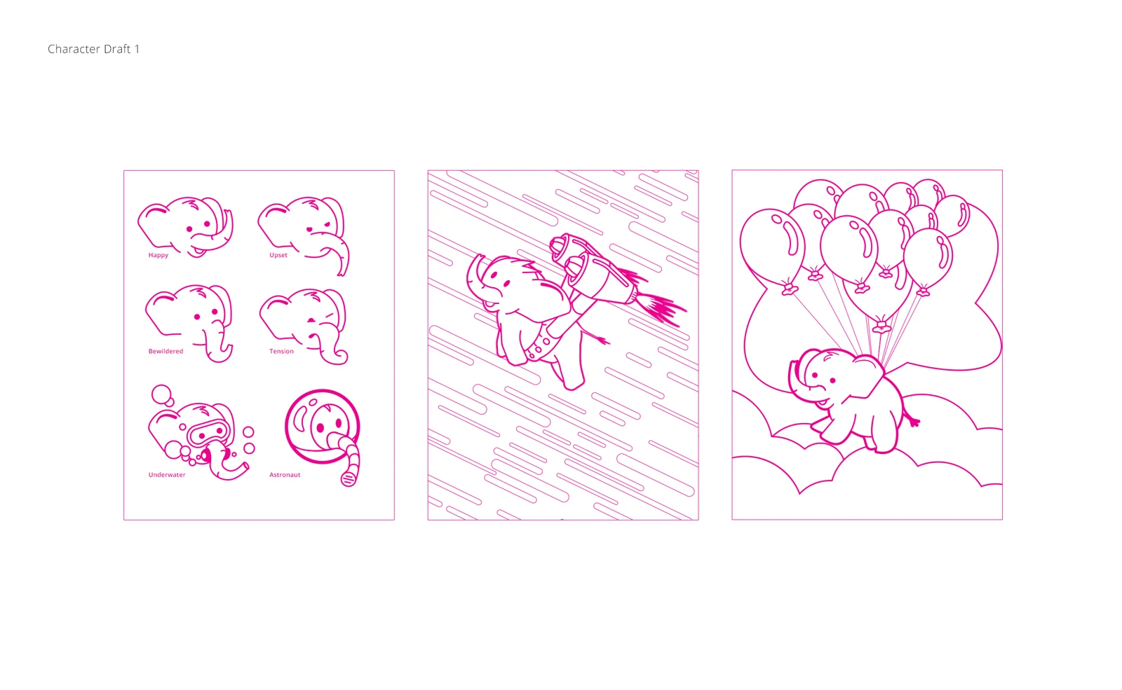 Pink pencil drawings of the elephant character, including a racing scene