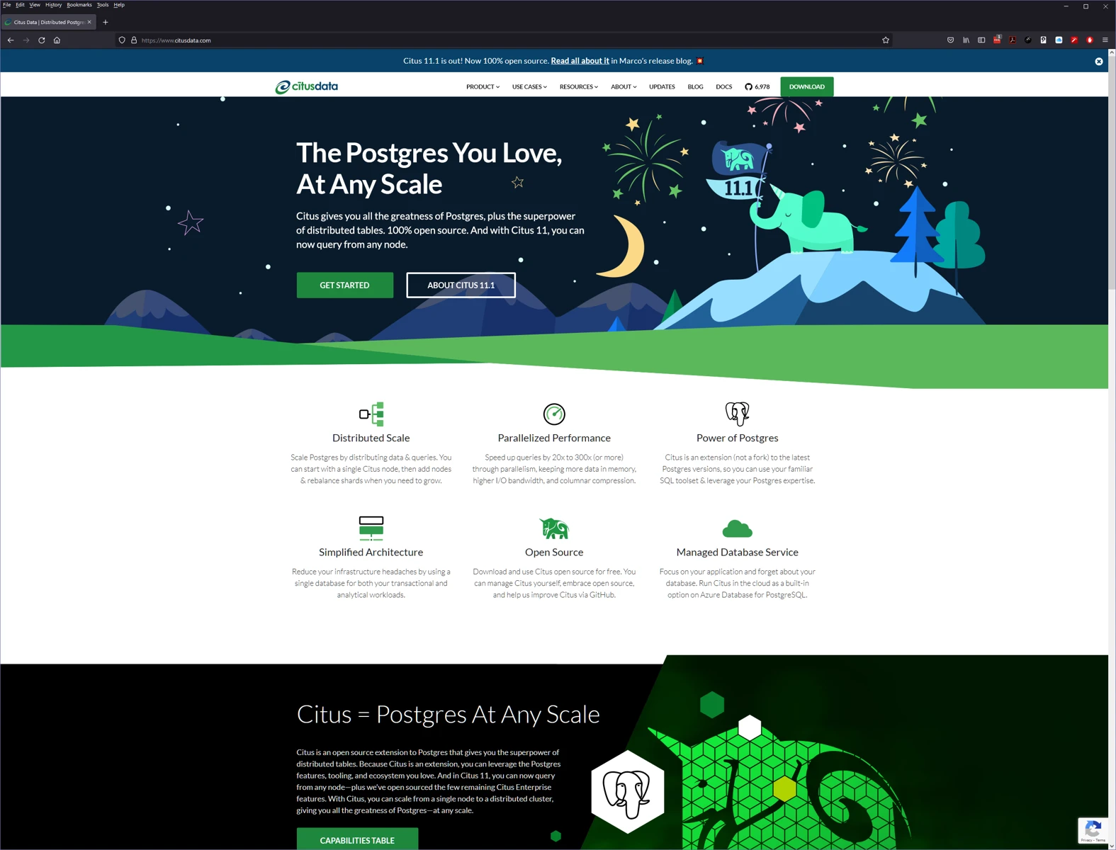 Citus 11.1 illustration applied across the desktop homepage