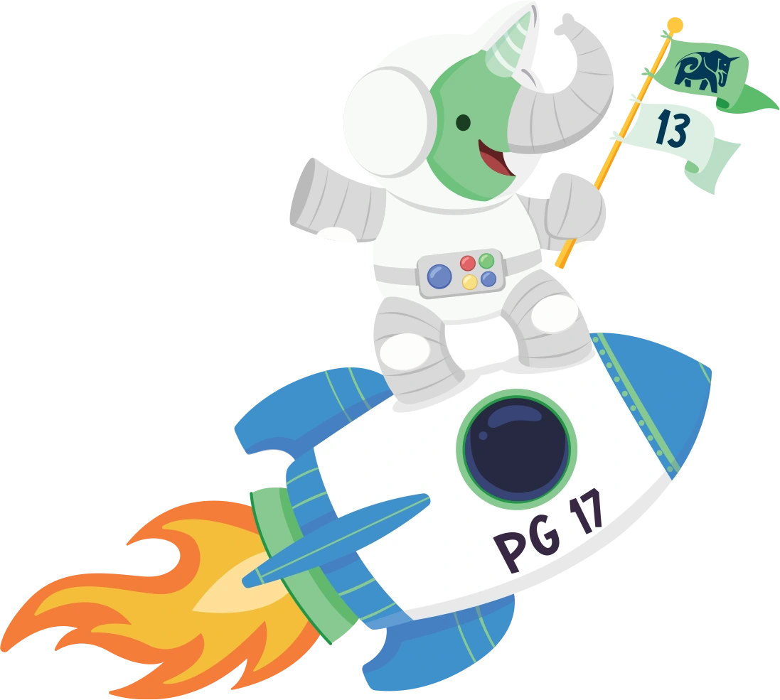 Eli in an astronaut suit, riding a Postgres 17 rocket and carrying the Citus 13 flag