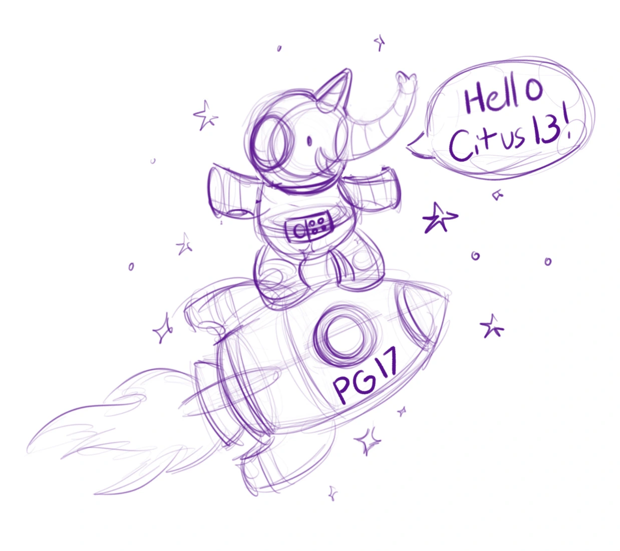Approved pencil sketch of Eli riding a Postgres 17 rocket for Citus 13