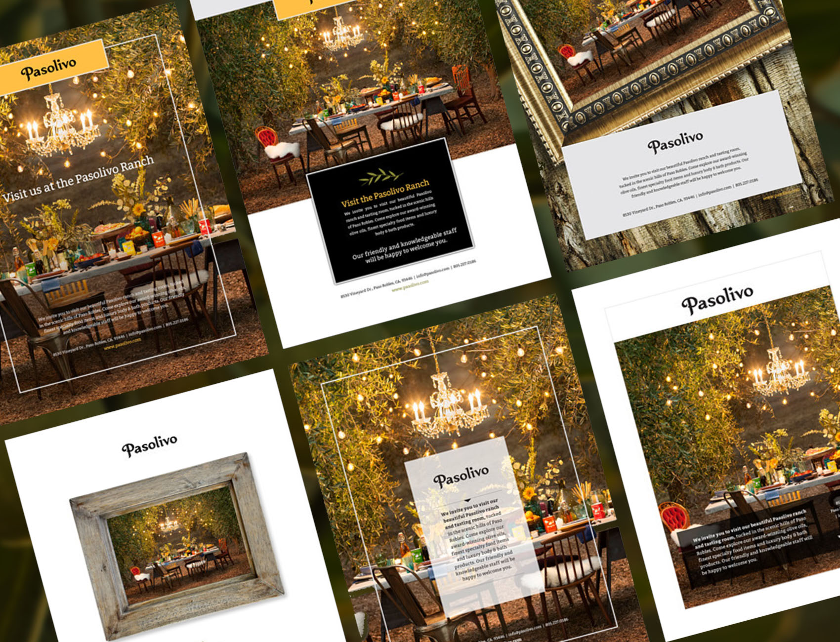 The six Pasolivo print concepts arranged together — ranch table photography, framed layouts and the invitation copy, on a dark olive ground.