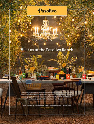 Pasolivo print advertisement — full-bleed photograph of a lit outdoor table under an olive tree, with the invitation headline reversed out over the image.