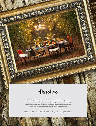 Pasolivo print advertisement — the ranch table photograph set inside an ornate gilt picture frame above a white copy panel on weathered wood.