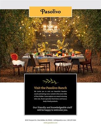 Pasolivo print advertisement — photograph with a black copy block laid over its lower half, the invitation headline set in gold.