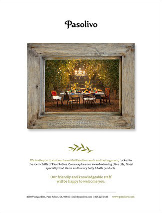 Pasolivo print advertisement — a small barnwood-framed photograph centred on white, with the invitation set below in serif type.