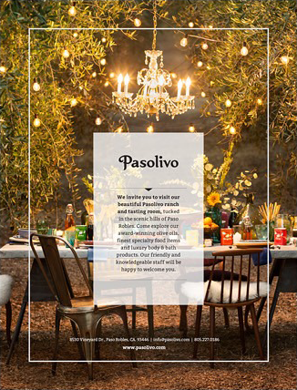 Pasolivo print advertisement — translucent white copy panel floating over the full-bleed orchard photograph, inside a thin keyline border.