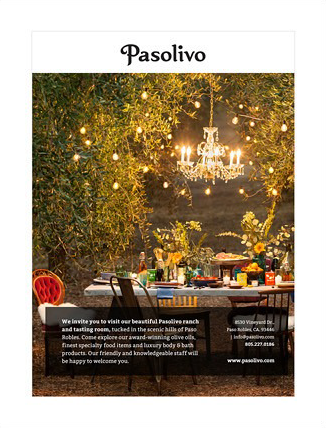 Pasolivo print advertisement — white masthead band above a tall photograph, with the invitation copy set into the image at the foot.
