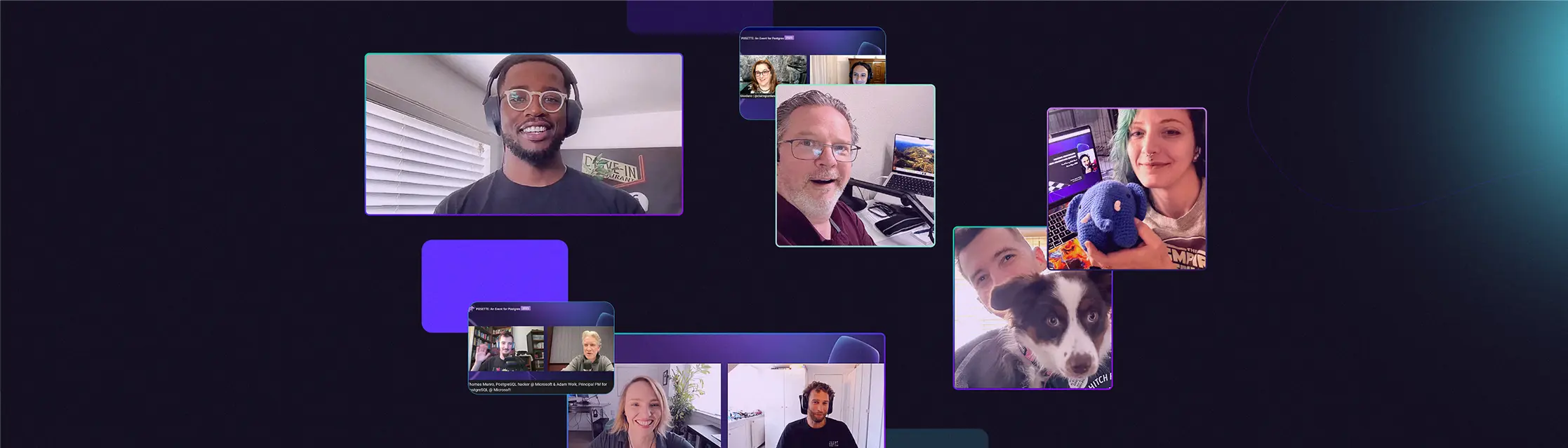 Speaker webcam tiles and production screens from the POSETTE 2026 broadcast, arranged across a dark field.