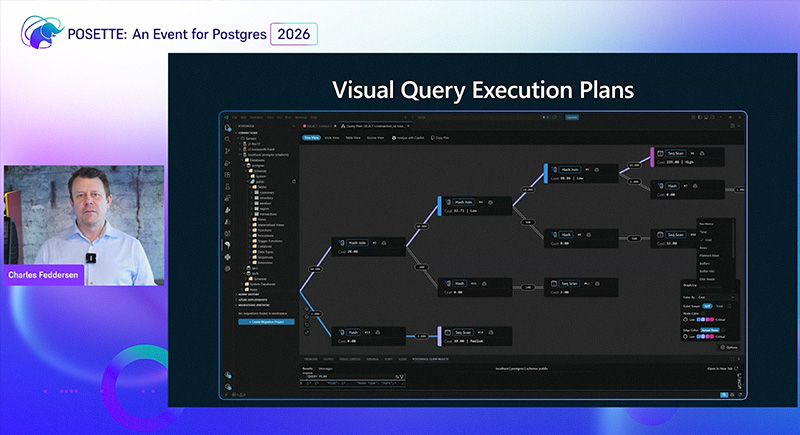 A POSETTE 2026 livestream — a speaker beside their slide on visual query execution plans, inside the branded broadcast frame.
